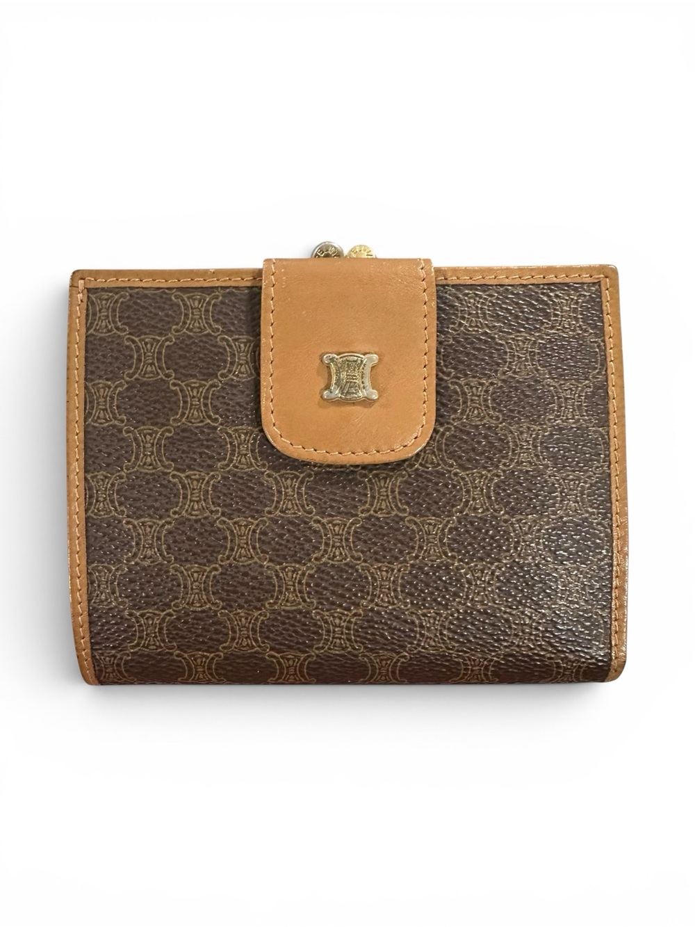 Celine Brown Macadam & Tan Leather Kisslock Compact Bifold Wallet